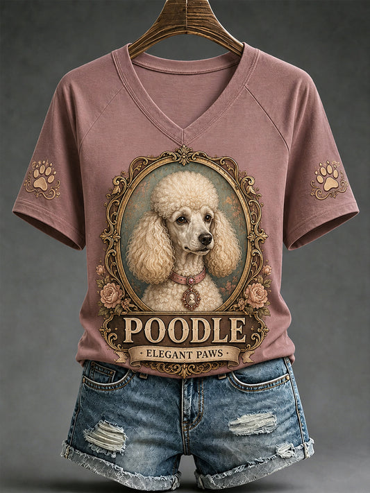 Women's Retro Dog Print Casual V-Neck Tee
