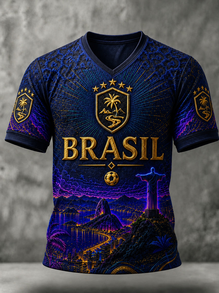 Men's Brazil Football Fan Gift Art Print V-neck Short Sleeve T-shirt