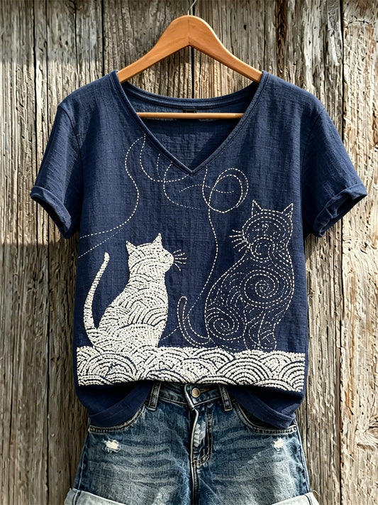 Women's Cats Japanese Sashiko Art Print linen short-sleeved T-shirt