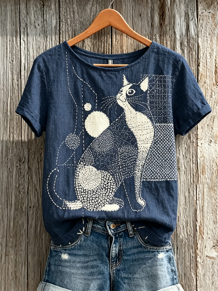 Women's Cat Japanese Sashiko Art Print linen short-sleeved T-shirt