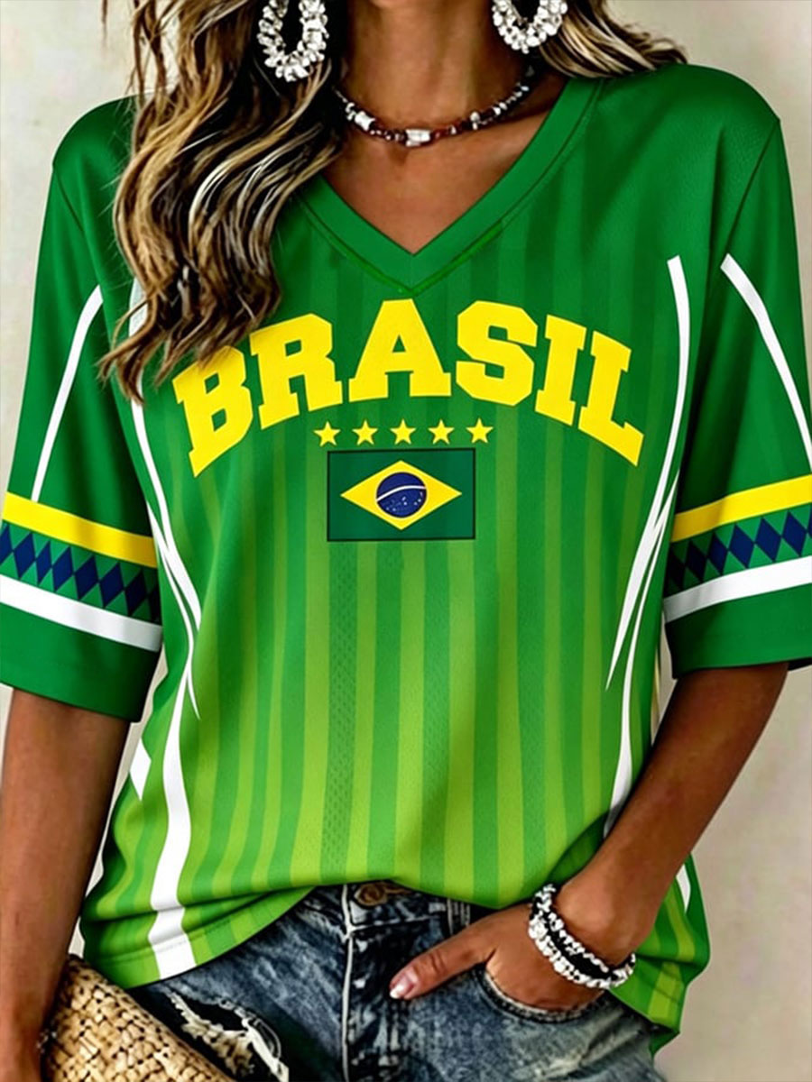 Women's Brazil Football Mid-length Sleeves V-Neck T-Shirt