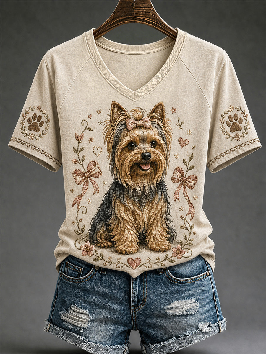 Women's Retro Dog Print Casual V-Neck Tee