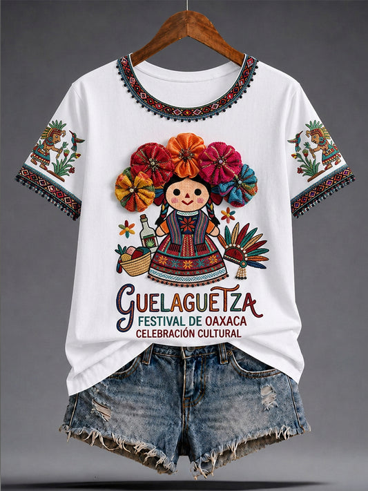 Women's Mexican Guelaguetza Printed Casual Short-Sleeve T-Shirt