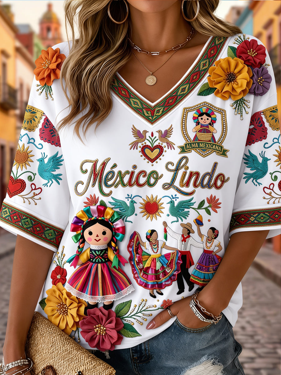 Women's Mexican Guelaguetza Printed Casual Short-Sleeve T-Shirt