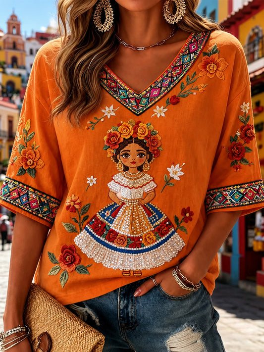 Women's Mexican Guelaguetza Printed Casual Short-Sleeve T-Shirt