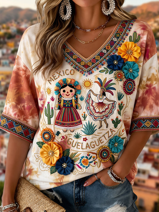Women's Mexican Guelaguetza Printed Casual Short-Sleeve T-Shirt