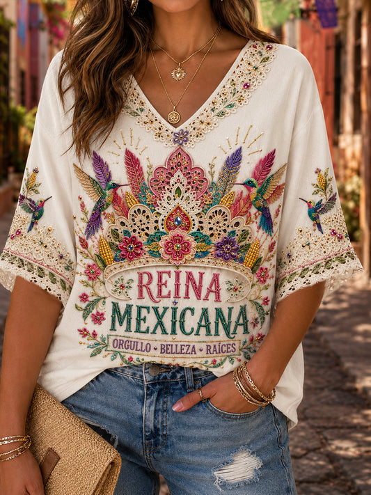 Women's Guelaguetza Mexico Lele Doll Art Printed Linen T-shirt