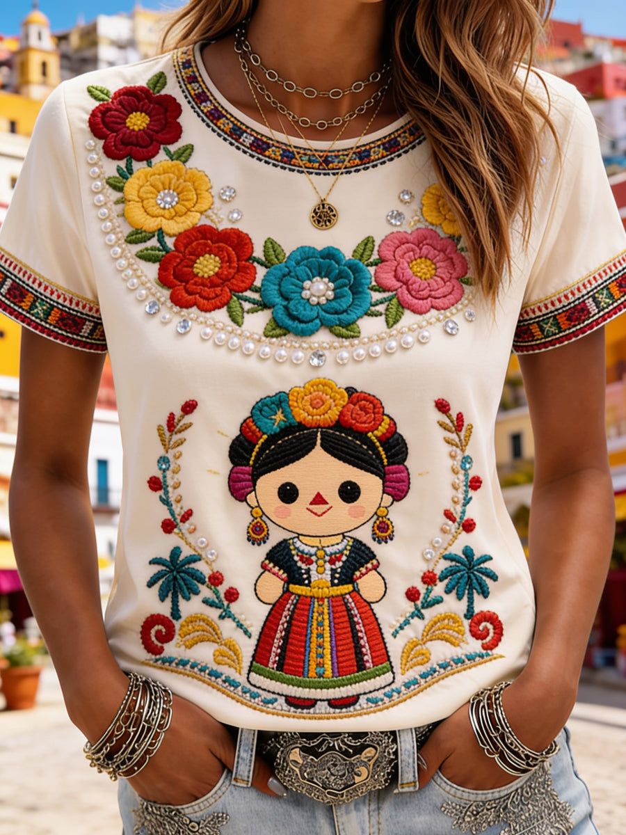 Women's Mexican Guelaguetza Printed Casual Short-Sleeve T-Shirt