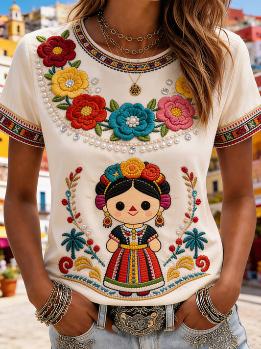 Women's Mexican Guelaguetza Printed Casual Short-Sleeve T-Shirt