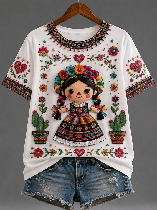 Women's Mexican Guelaguetza Printed Casual Short-Sleeve T-Shirt