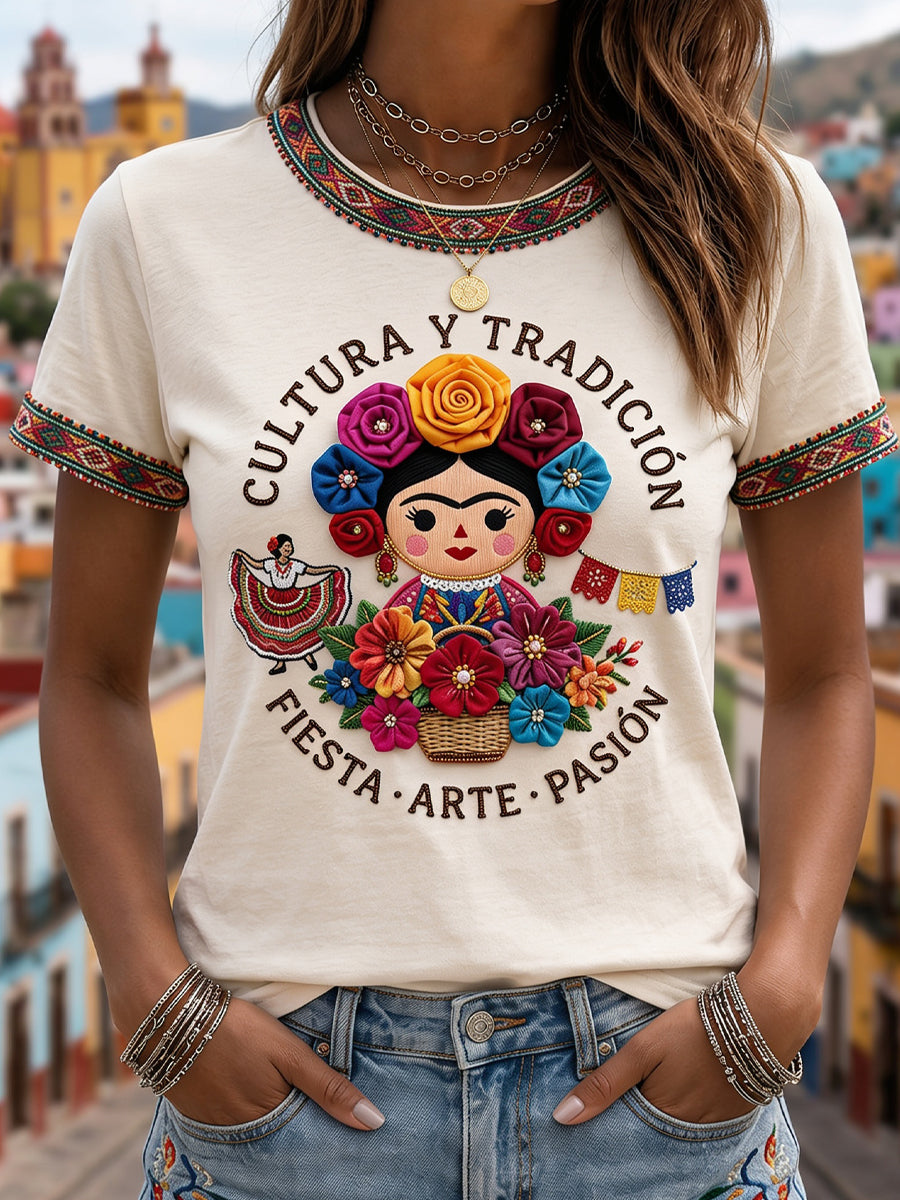 Women's Mexican Guelaguetza Printed Casual Short-Sleeve T-Shirt