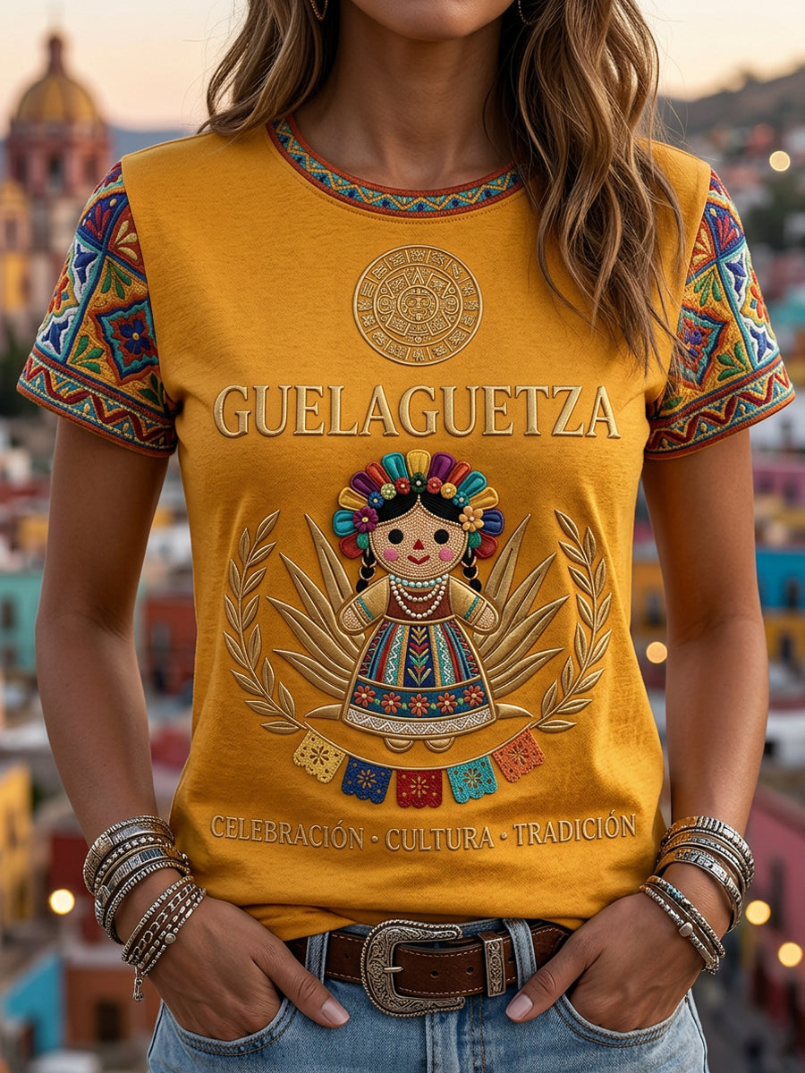 Women's Mexican Guelaguetza Printed Casual Short-Sleeve T-Shirt