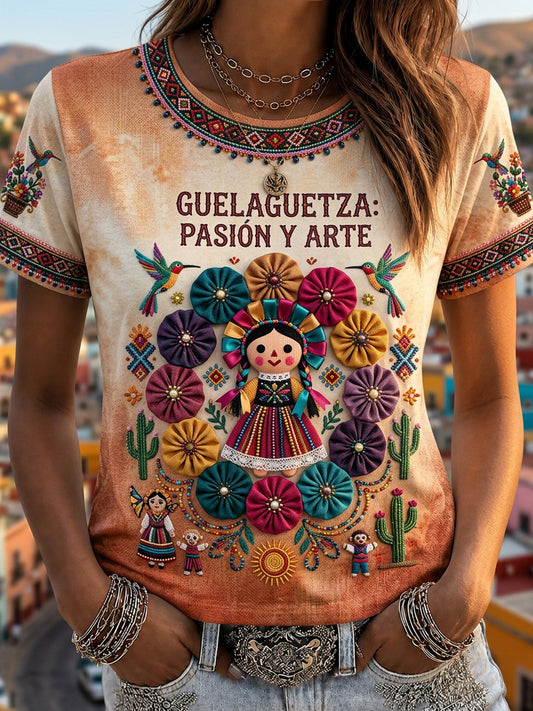 Women's Mexican Guelaguetza Printed Casual Short-Sleeve T-Shirt