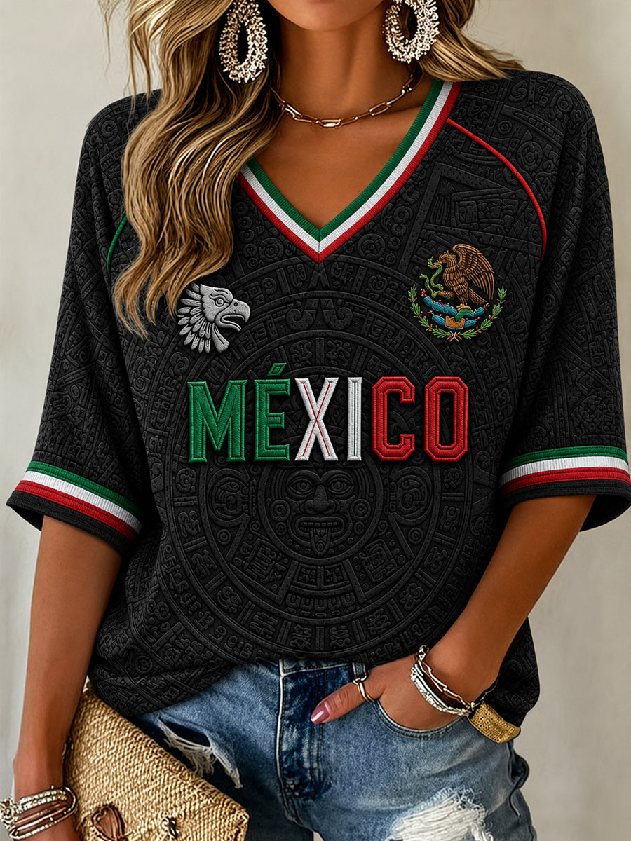 Women's Mexico Football Lover Art  Mid-length Sleeves V-Neck T-Shirt