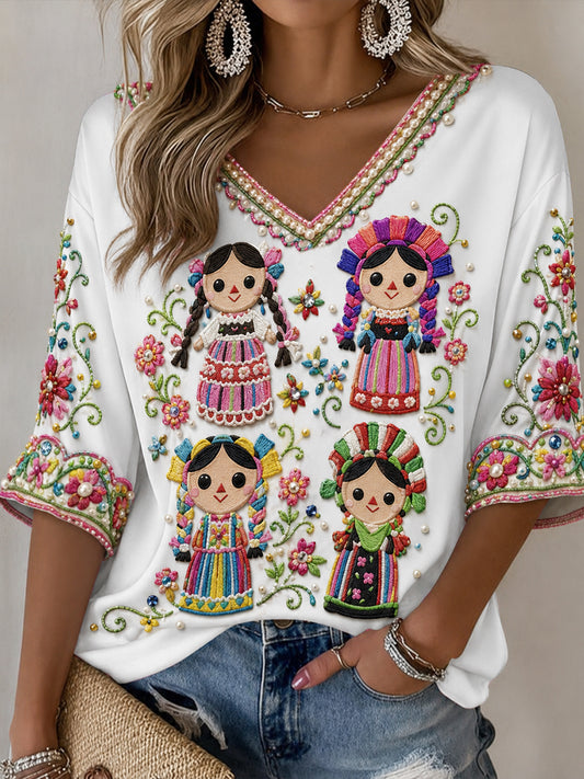 Women's Mexico Guelaguetza Lele Doll Art Printed T-shirt