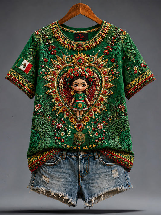 Women's Mexico Football Lover Lele Doll Art Printed T-shirt