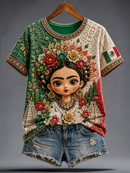 Women's Mexico Football Lover Lele Doll Art Printed T-shirt