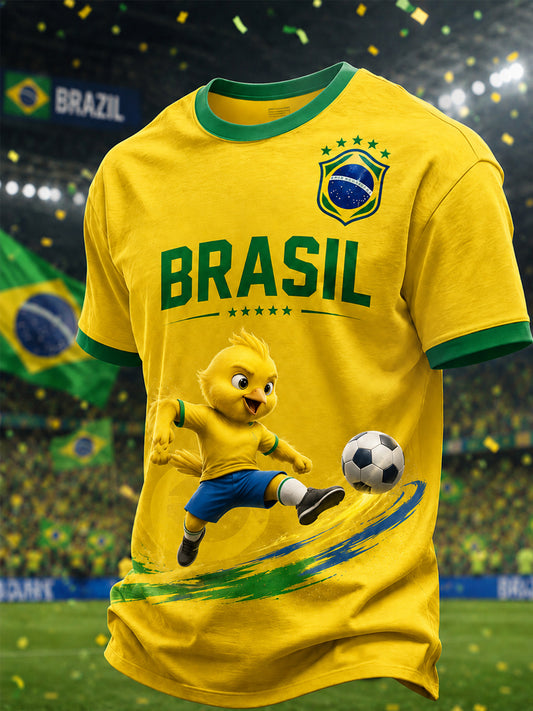 Men's Brasil Canarinho Print Gift For Football Fans Casual Tee