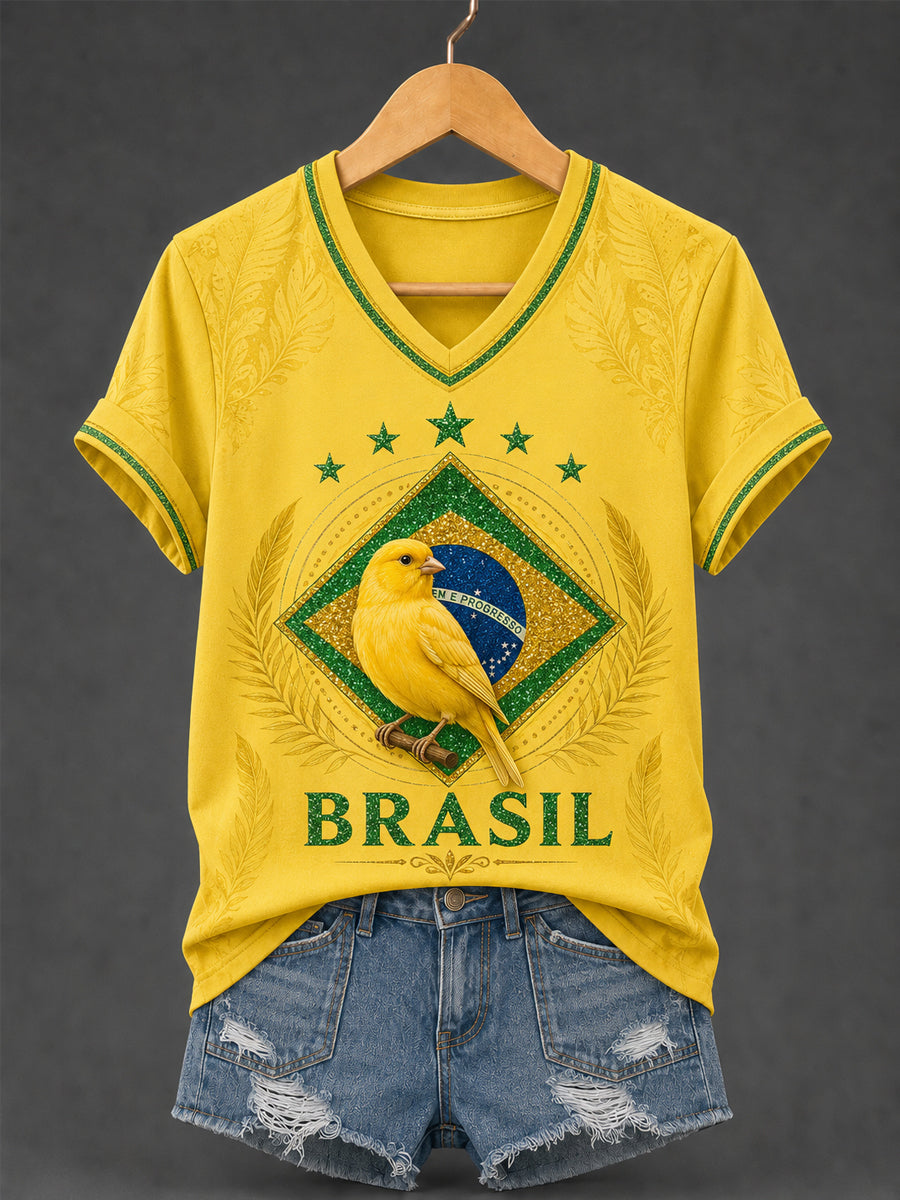 Women's Brasil Print Casual V-Neck Tee
