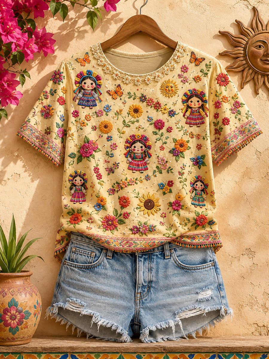 Women's Mexico Guelaguetza Lele Doll Art Printed Linen T-shirt
