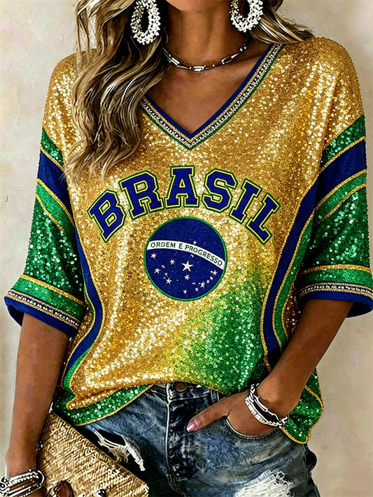 Women's Brasil Football Flag Colorblock Glitter Print Mid-length Sleeves V-Neck T-Shirt