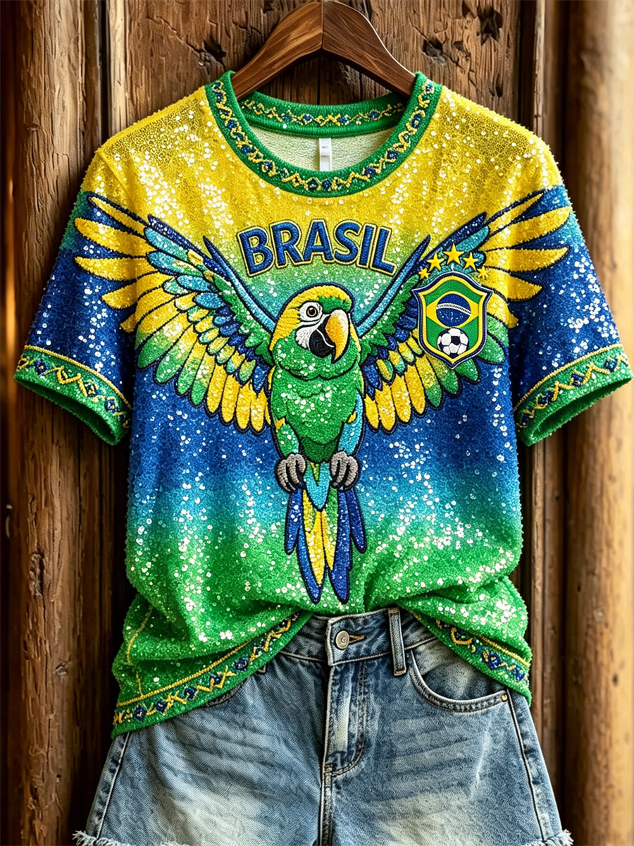 Women's Brasil Football Flying Macaw Flag Gradient Glitter Print short-sleeved T-shirt