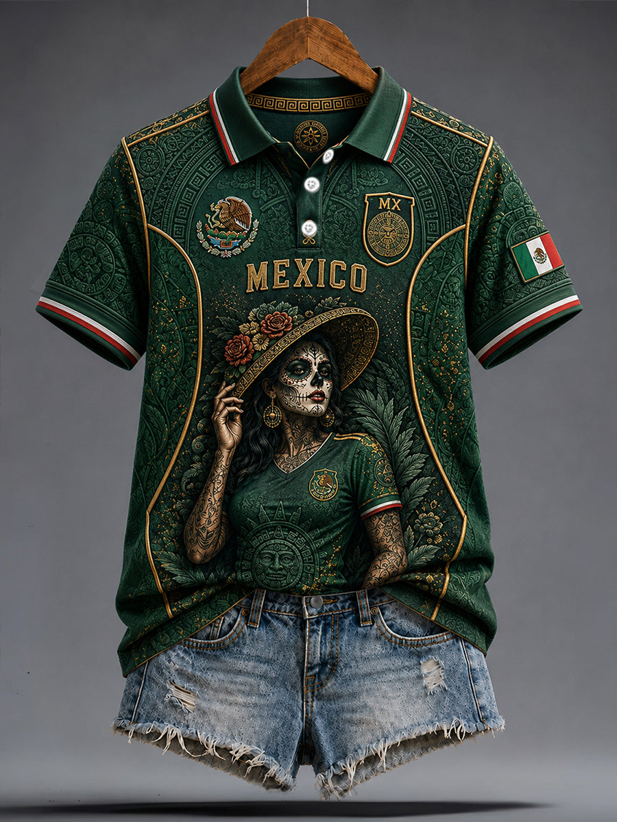 Women's Mexico Football Lover La Catrina Art Printed Casual Tops