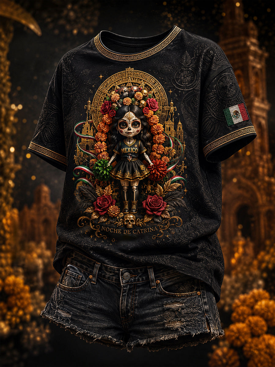 Women's Mexico Football Lover La Catrina Lele Doll Art Printed T-shirt
