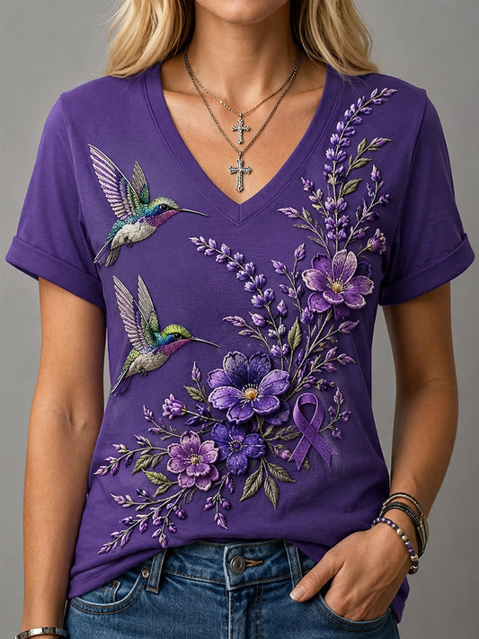 Women's Purple Floral & Hummingbird Print Alzheimer's Awareness Support V-Neck Tee