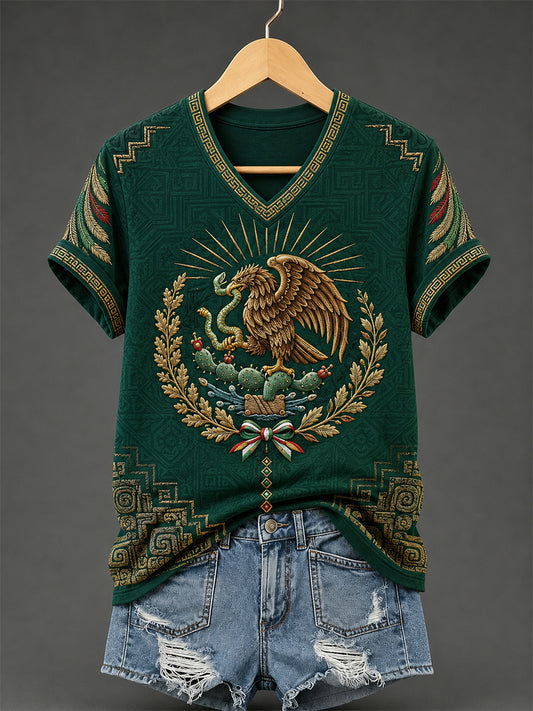 Women's Mexican Pride Print Casual V-Neck Tee