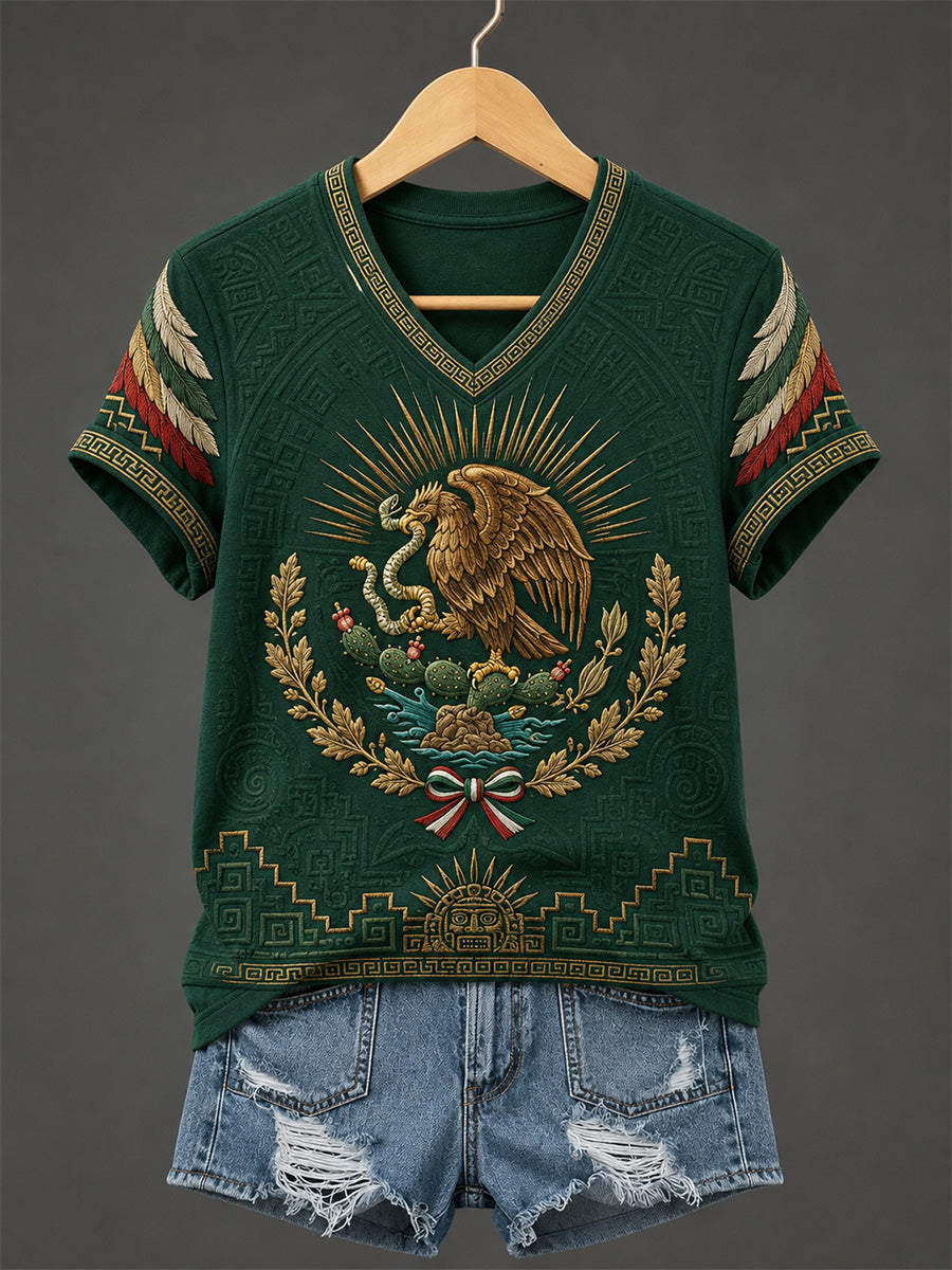 Women's Mexican Pride Print Casual V-Neck Tee