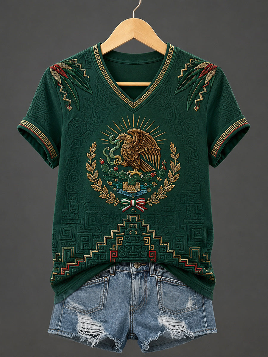 Women's Mexican Pride Print Casual V-Neck Tee
