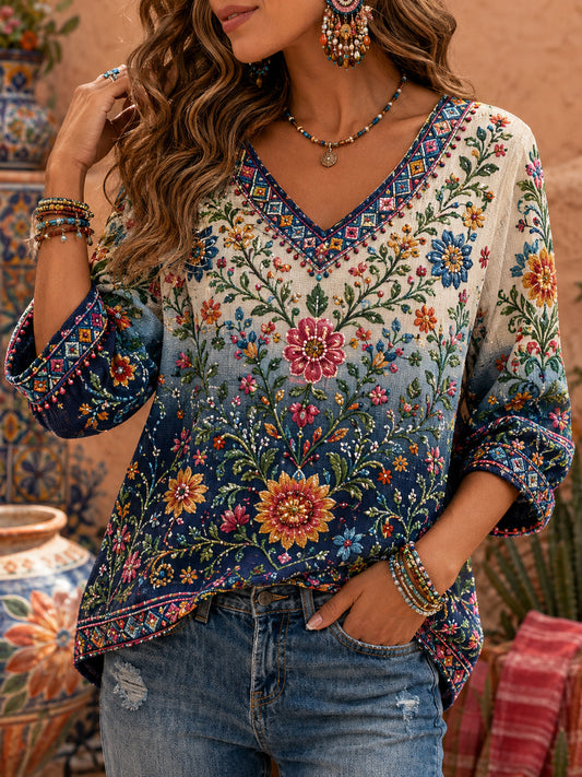 Women's Mexican Galacacha Festival Commemorative Art Print V-Neck Top