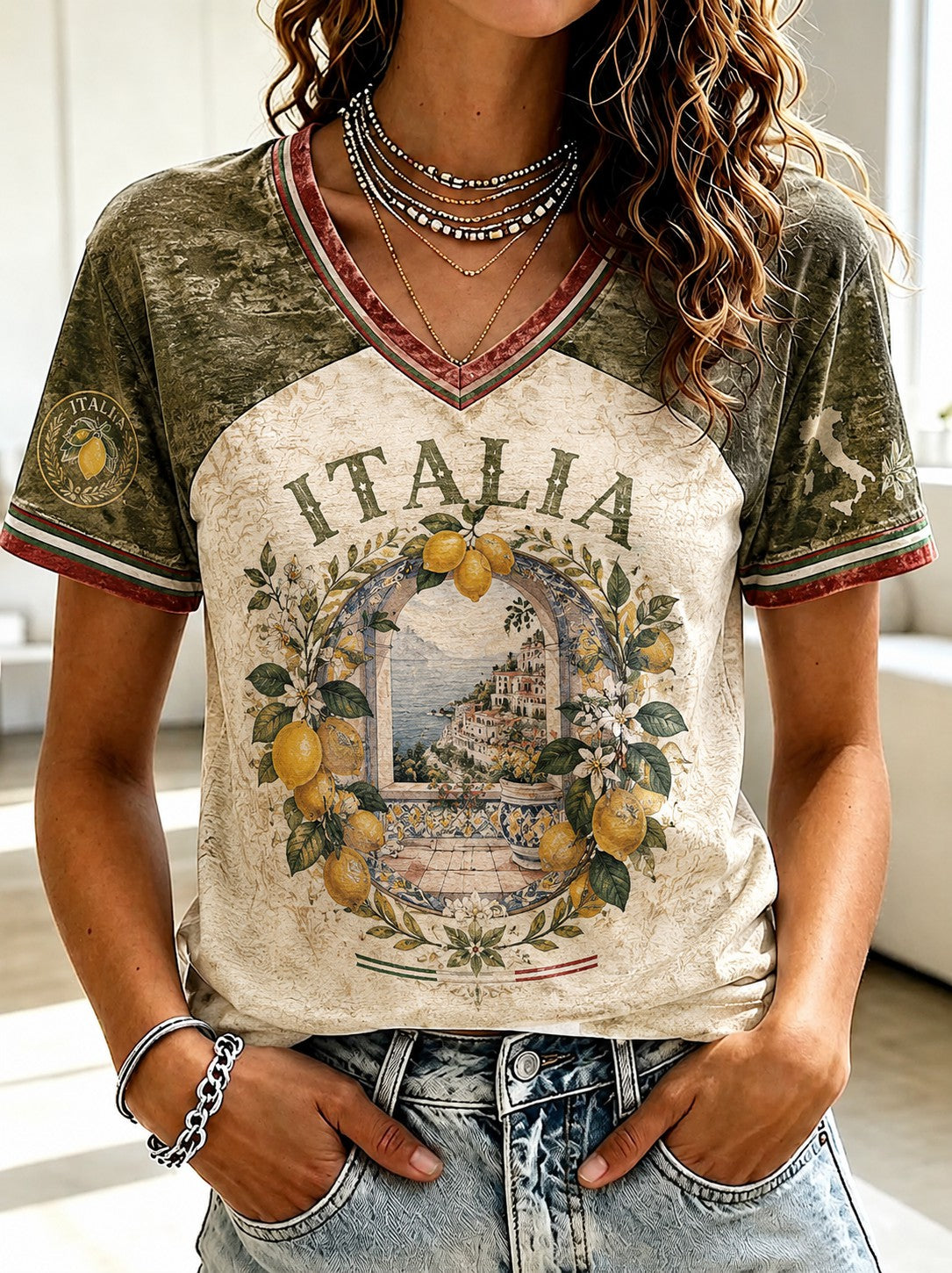 Women's Amalfi Lemon Italia Printed V-neck T-shirt