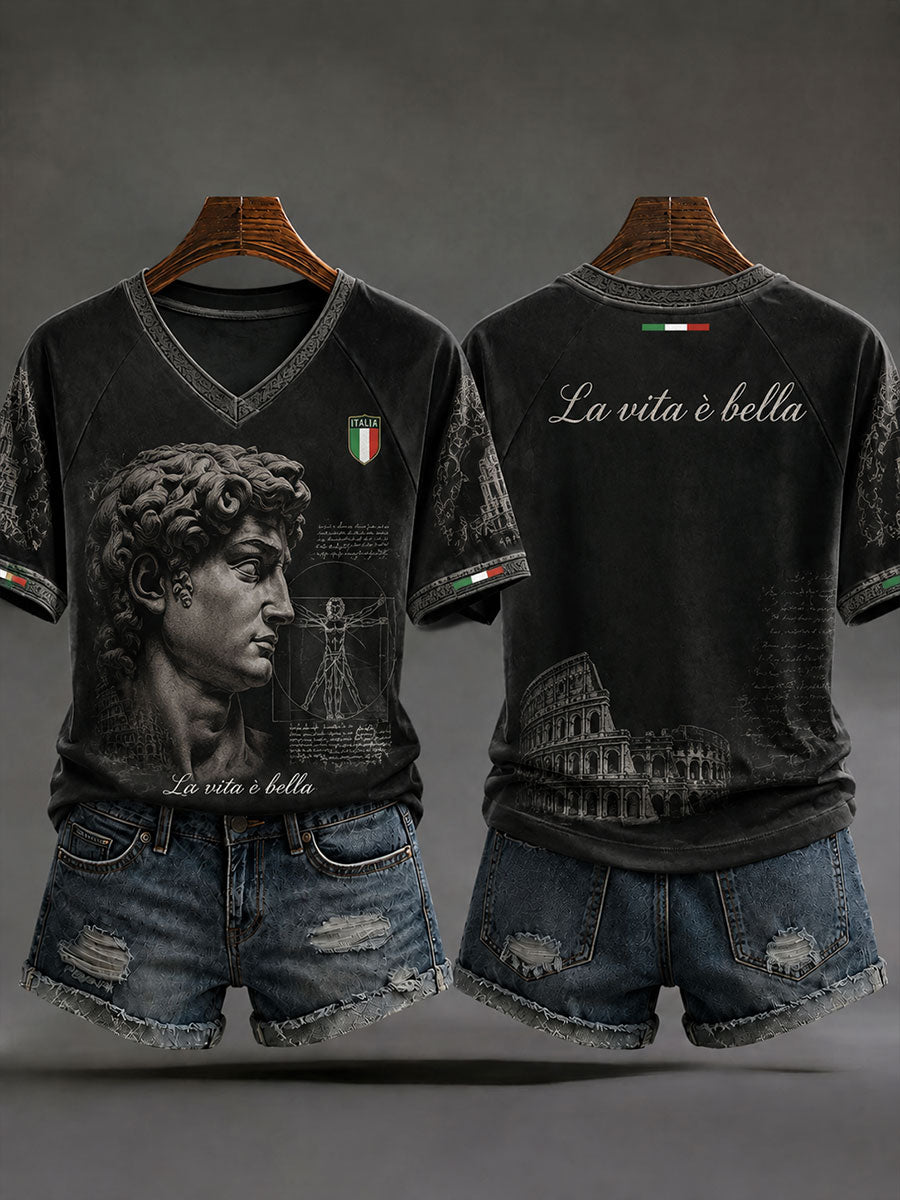 Women's Italian David Statue V-Neck T-Shirts