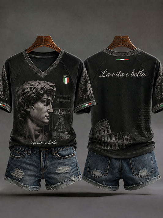 Women's Italian David Statue V-Neck T-Shirts