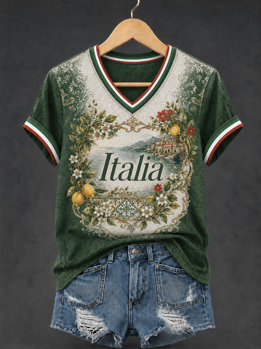 Women's Amalfi Lemon Italia Printed V-neck T-shirt