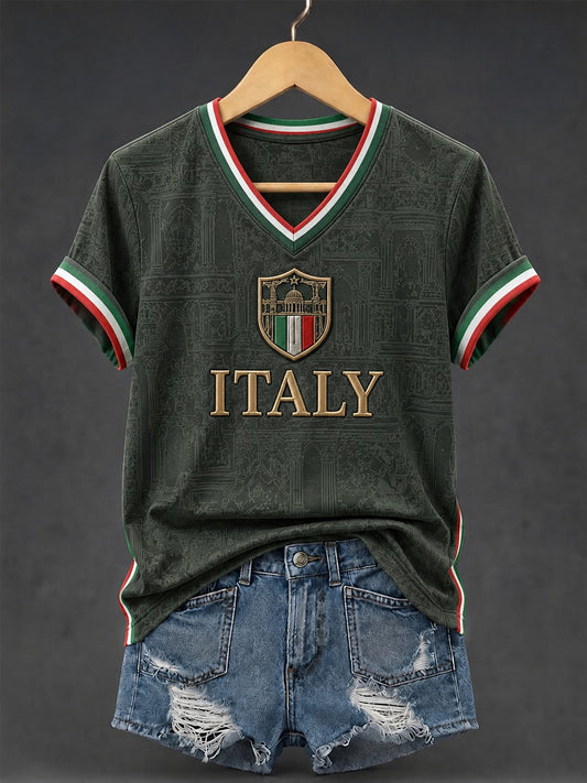 Women's Italy Printed V-neck T-shirt