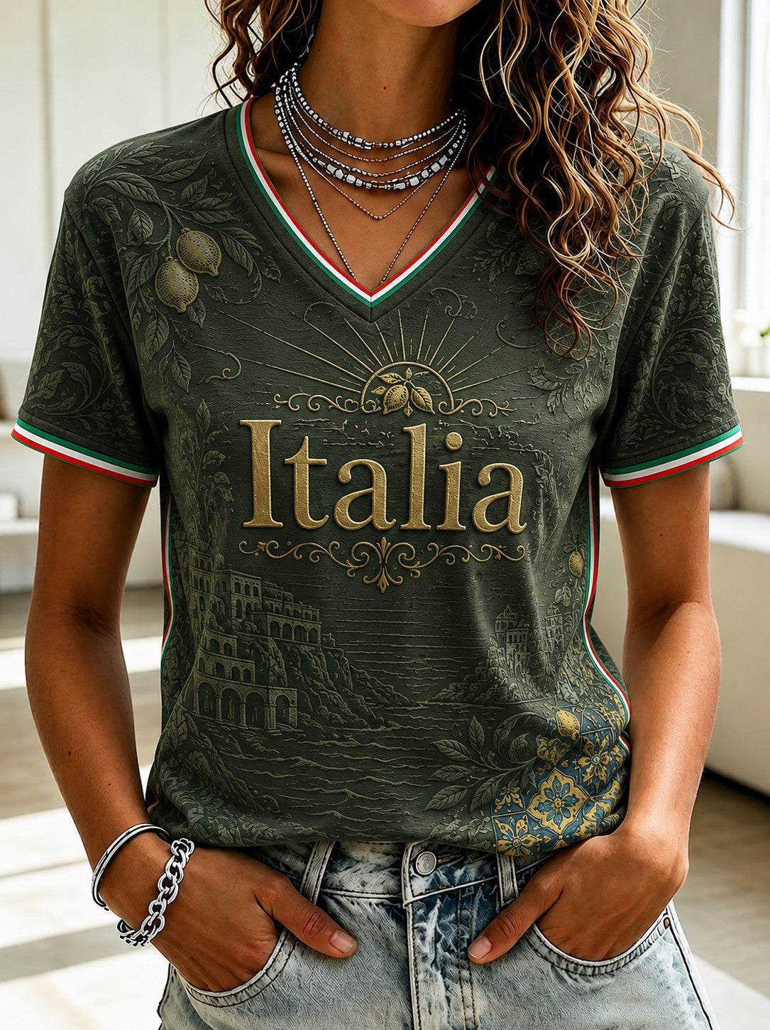 Women's Amalfi Lemon Italia Printed V-neck T-shirt