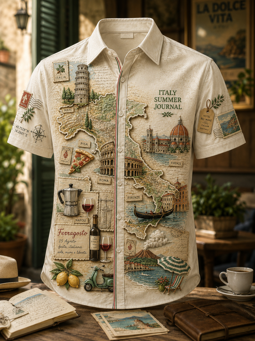 Men's Italy Ferragosto Ice Cream Cotton Summer Casual Beach Shirt Short Sleeve