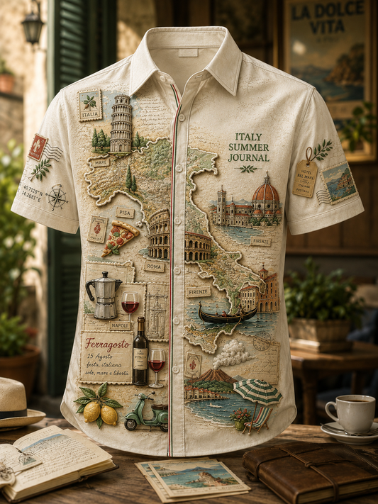 Men's Italy Ferragosto Ice Cream Cotton Summer Casual Beach Shirt Short Sleeve