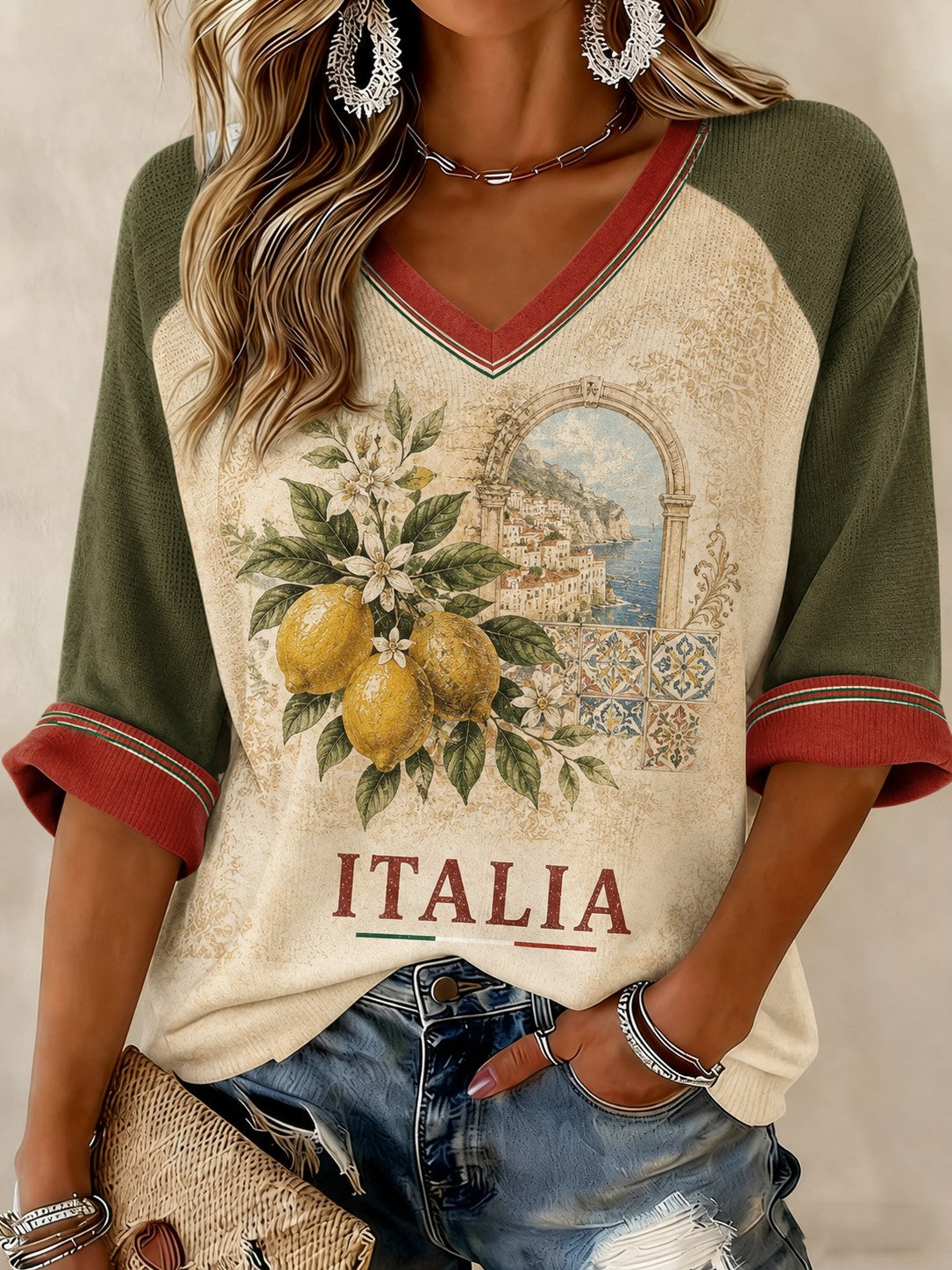 Women's Amalfi Lemon Italia Printed Mid-length Sleeves V-neck T-shirt
