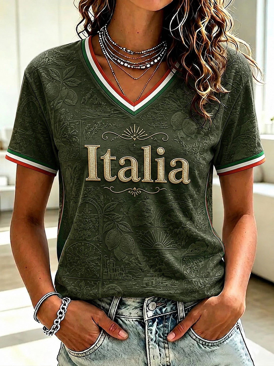 Women's Amalfi Lemon Italia Printed V-neck T-shirt