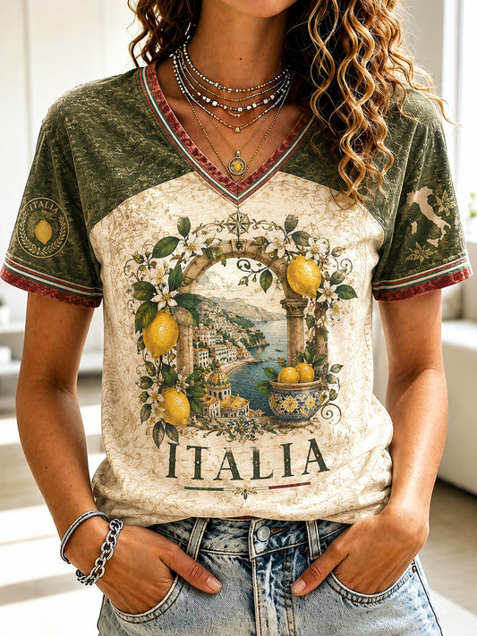 Women's Amalfi Lemon Italia Printed V-neck T-shirt