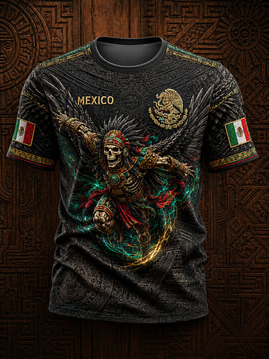 Men's Mexico Yaotl Mictlan Art Independence Day Printed T-shirt