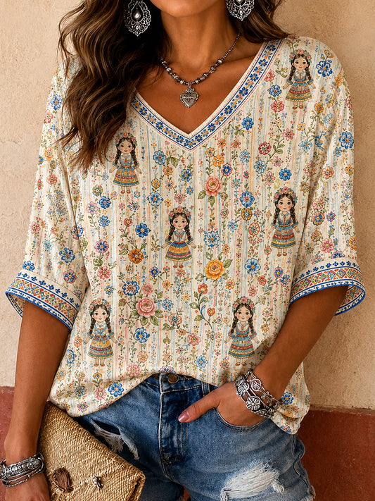 Women's Mexico Guelaguetza Lele Doll Art Printed T-shirt