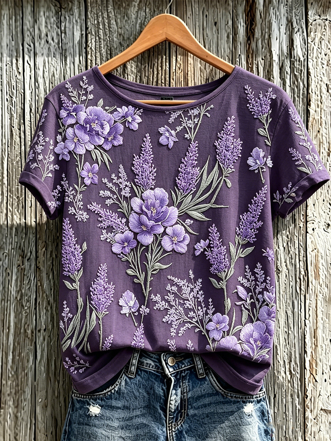 Women's Purple Plant Flower Pattern Printed Casual Short-Sleeved T-shirt