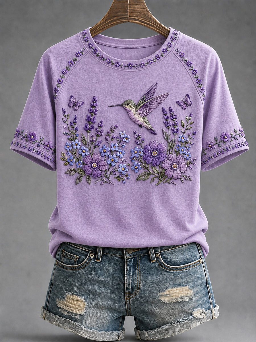 Women's Purple Floral & Hummingbird Print Alzheimer's Awareness Support Tee