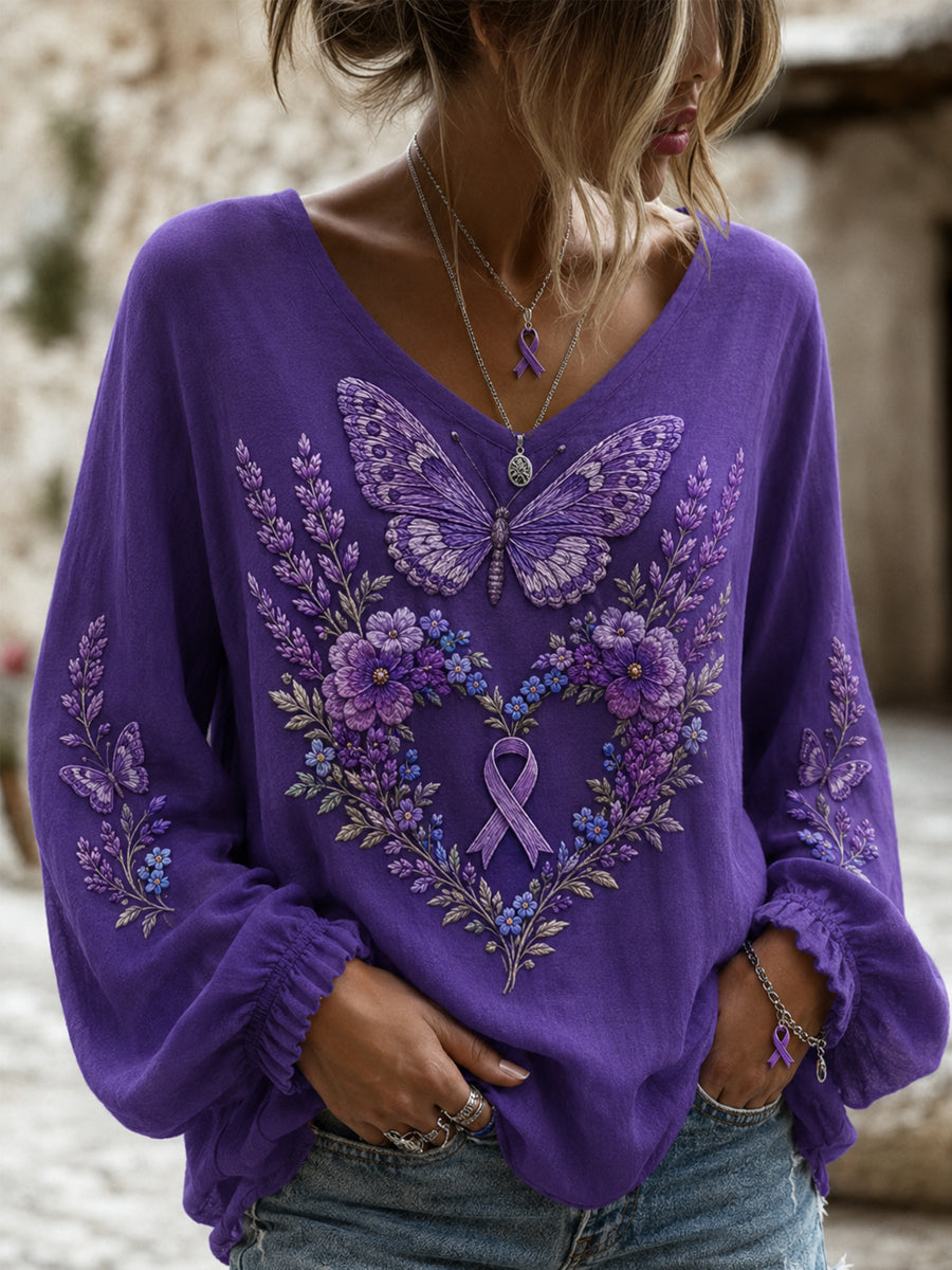 Women's Purple Floral & Hummingbird Print Alzheimer's Awareness Support V-Neck Top