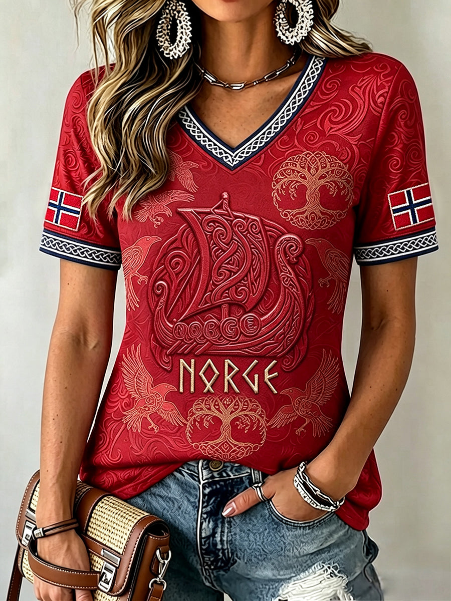 Women's Norway Viking Inspired Pattern Flag Celtic Print Short-sleeved T-shirt